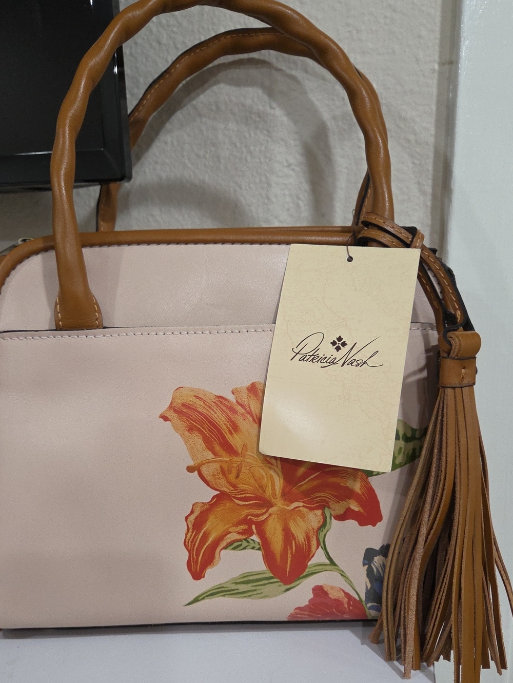 Patricia Nash Blush Pink Floral Leather Shoulder Bag with Tan Trim